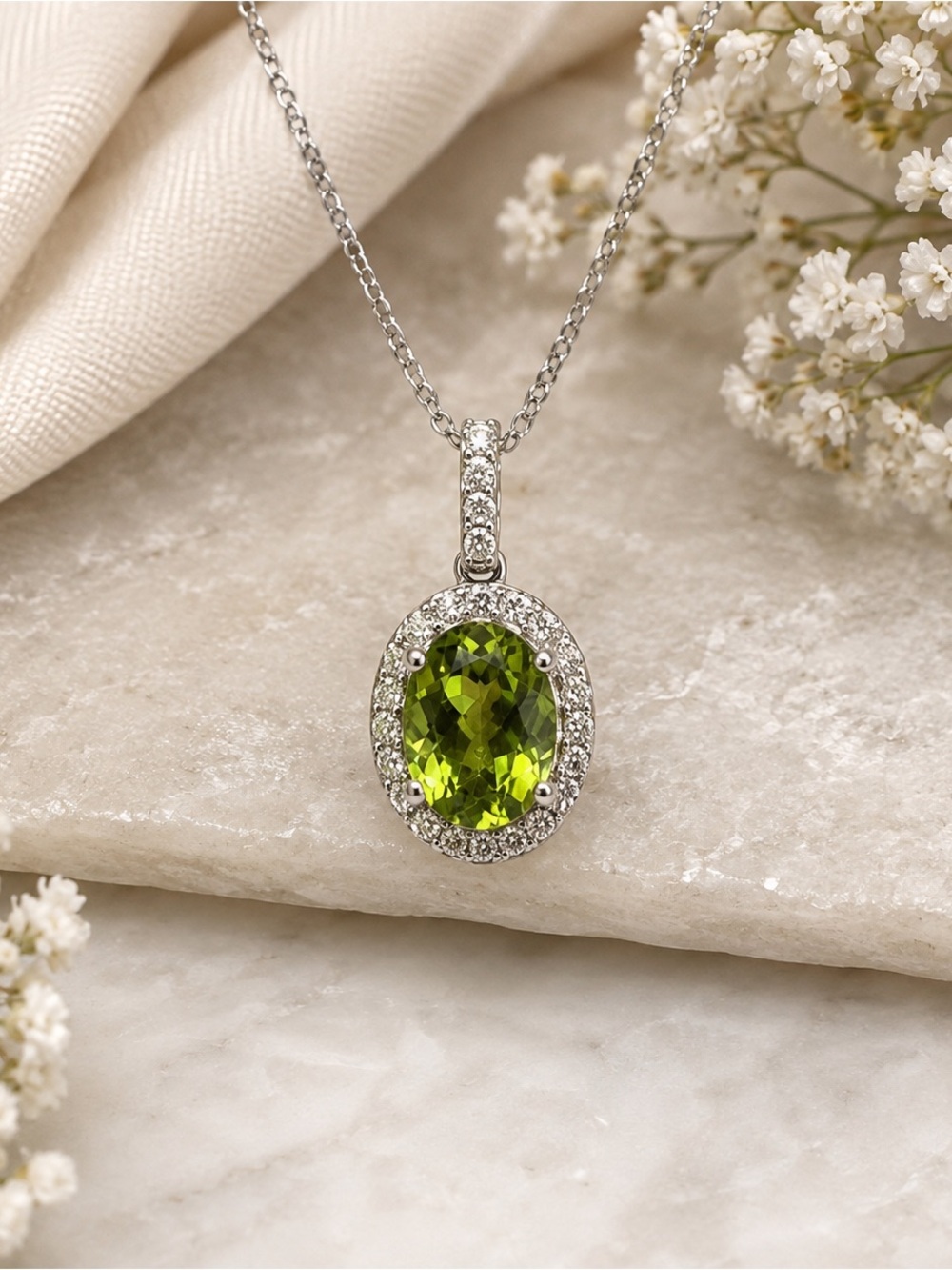 Genuine Peridot & Sterling Silver Halo Pendant Necklace